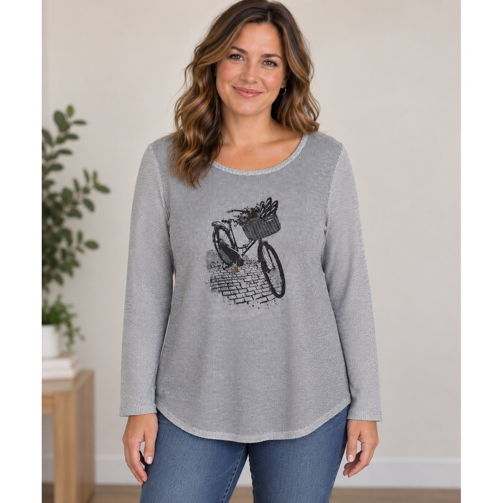 Style & Co Knit Top Women L Gray Bicycle Graphic Rhinestone Autumn Whimsical